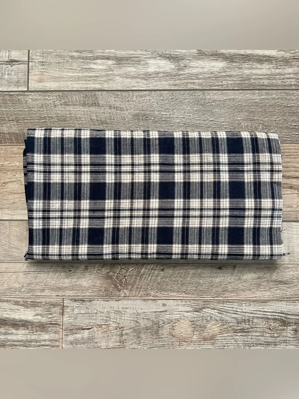 Navy Blue and Cream Plaid Blanket Scarf with Fringe Edge